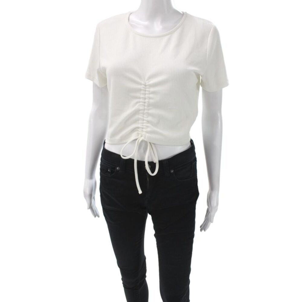 Mink Pink Womens Cropped White Ribbed Tee Short Sleeve Round Neck Tie Size L